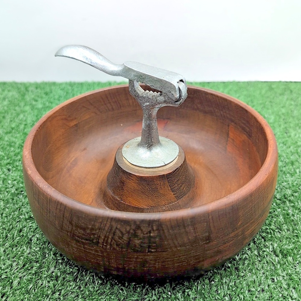 VTG Danish MCM Hellerware Real Wood Bowl w/Chrome Nutcracker 9" Made in Italy